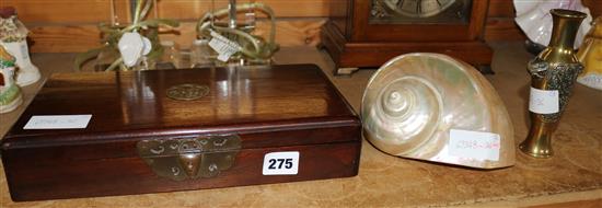 A Chinese rosewood box, a brass vase and mother of pearl shell